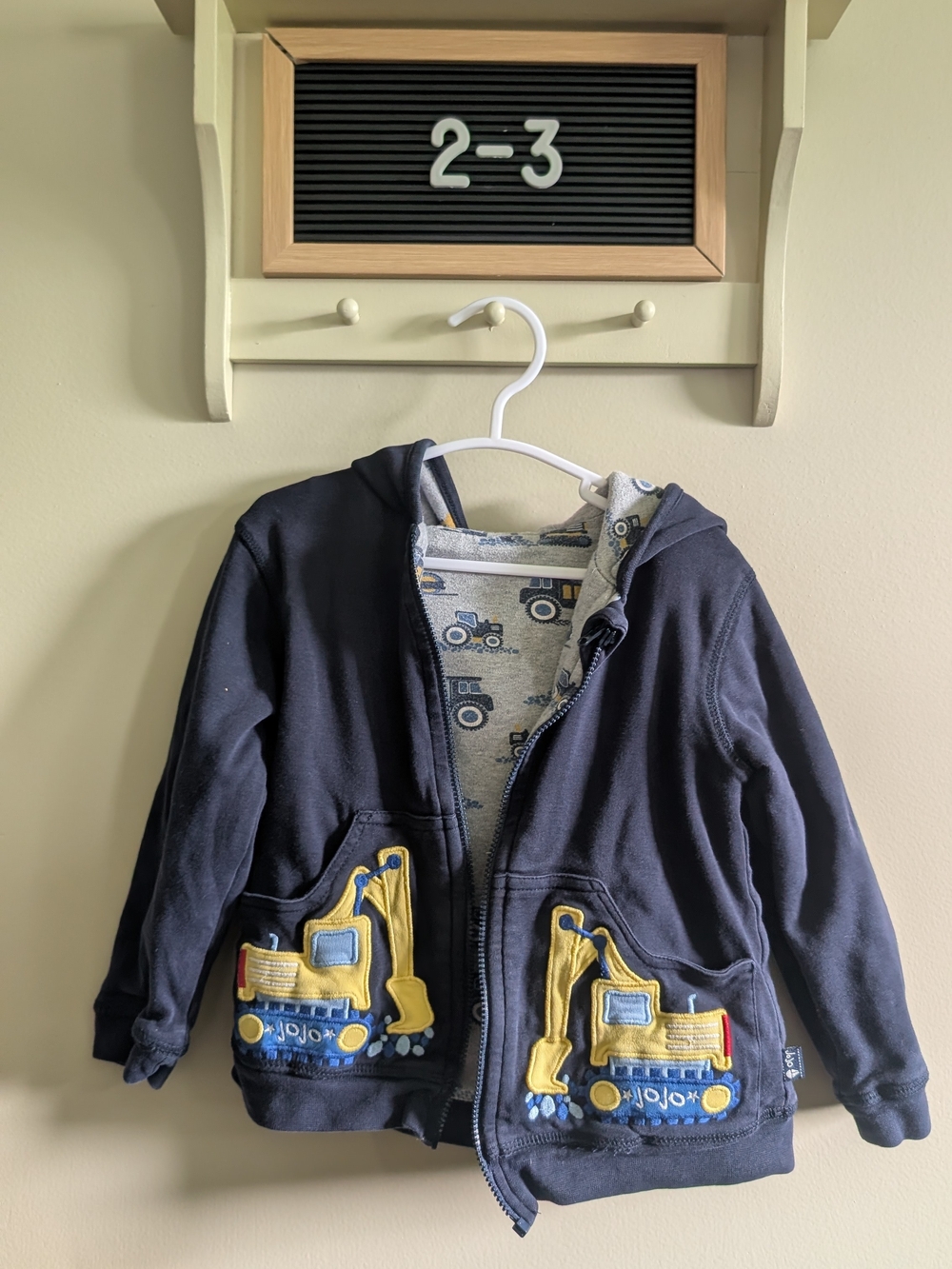 JoJo Maman Bebe Navy Hoodie with Yellow Excavator Appliqués
